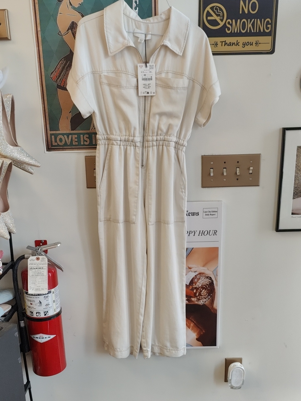 Zara Cream Short-Sleeve Zip Jumpsuit
